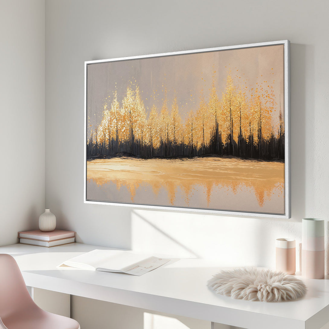 Framed Wall Art of golden trees and water in a neutral color palette. Add warmth and style to your space with this beautiful canvas print.