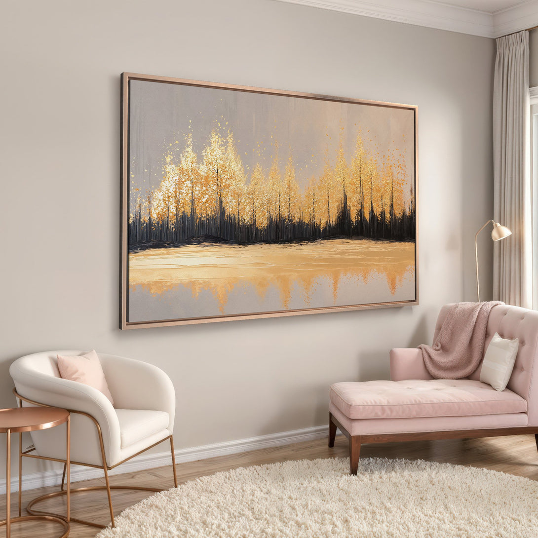 Framed Wall Art: Abstract gold forest landscape on canvas. Modern art in neutral tones, perfect for adding a touch of elegance to any space.