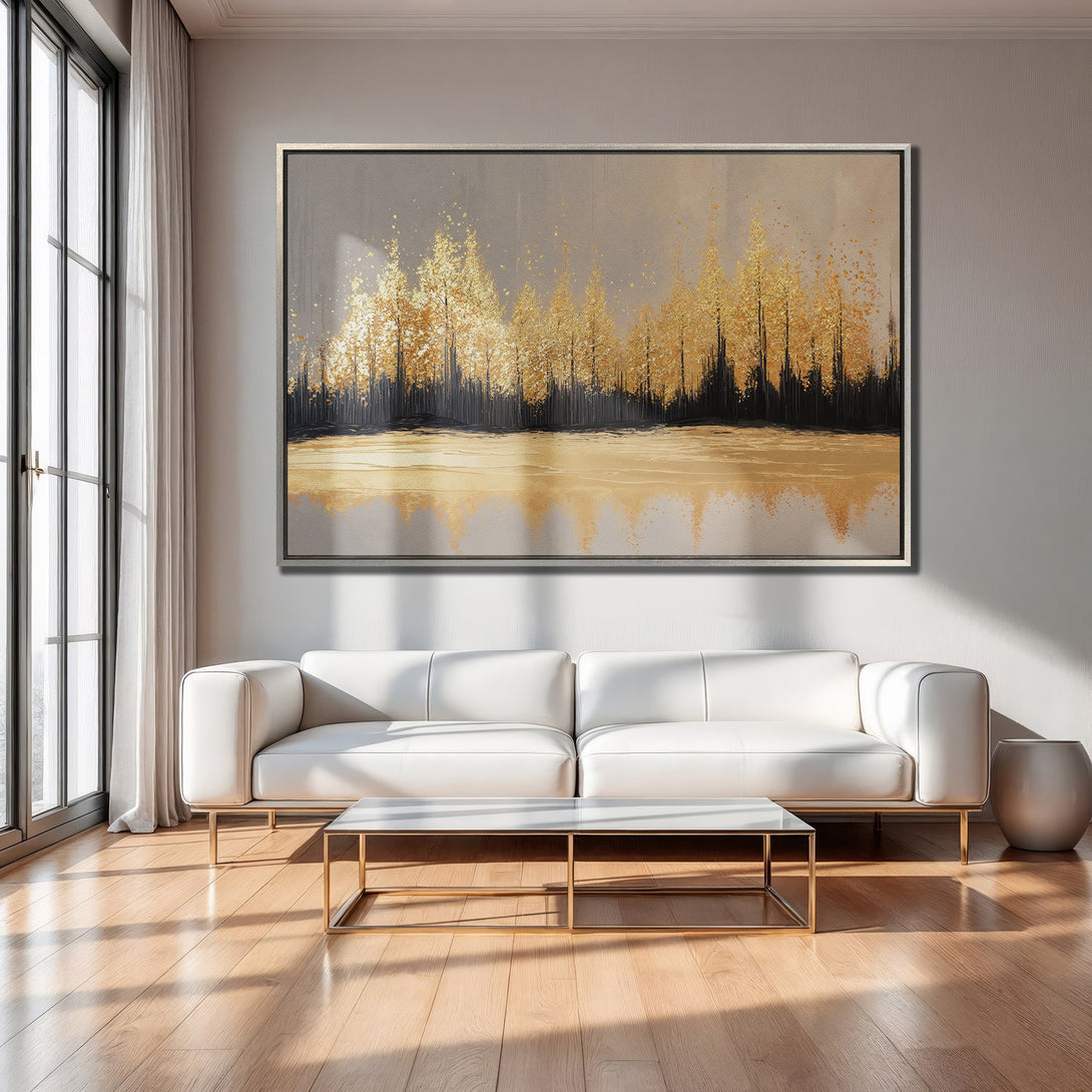 Framed Wall Art: Abstract gold forest landscape canvas print. Modern art with neutral and gold color palette, perfect for living room decor.