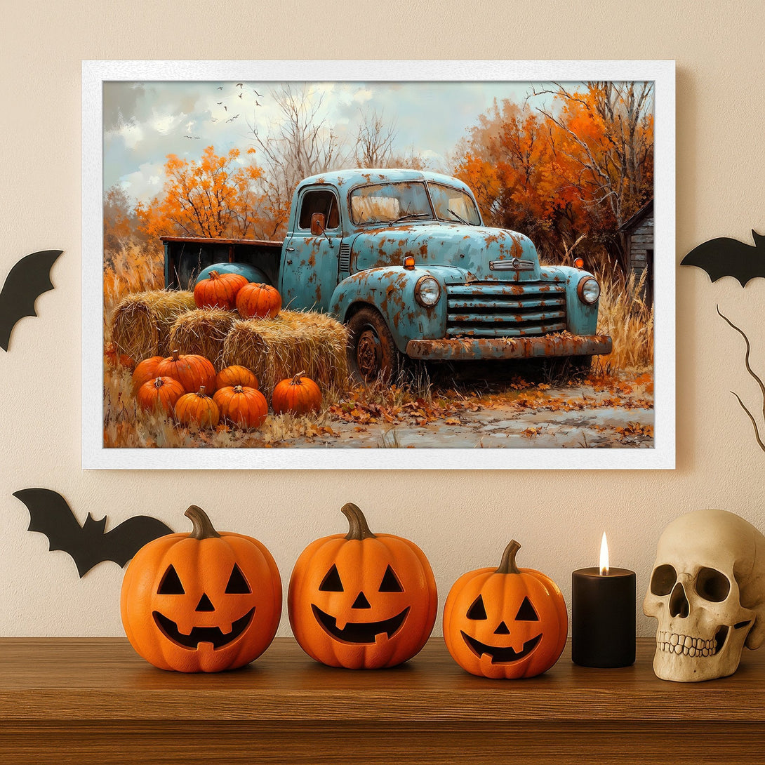 Framed Poster of vintage truck with pumpkins, autumn colors, perfect for Halloween decor.