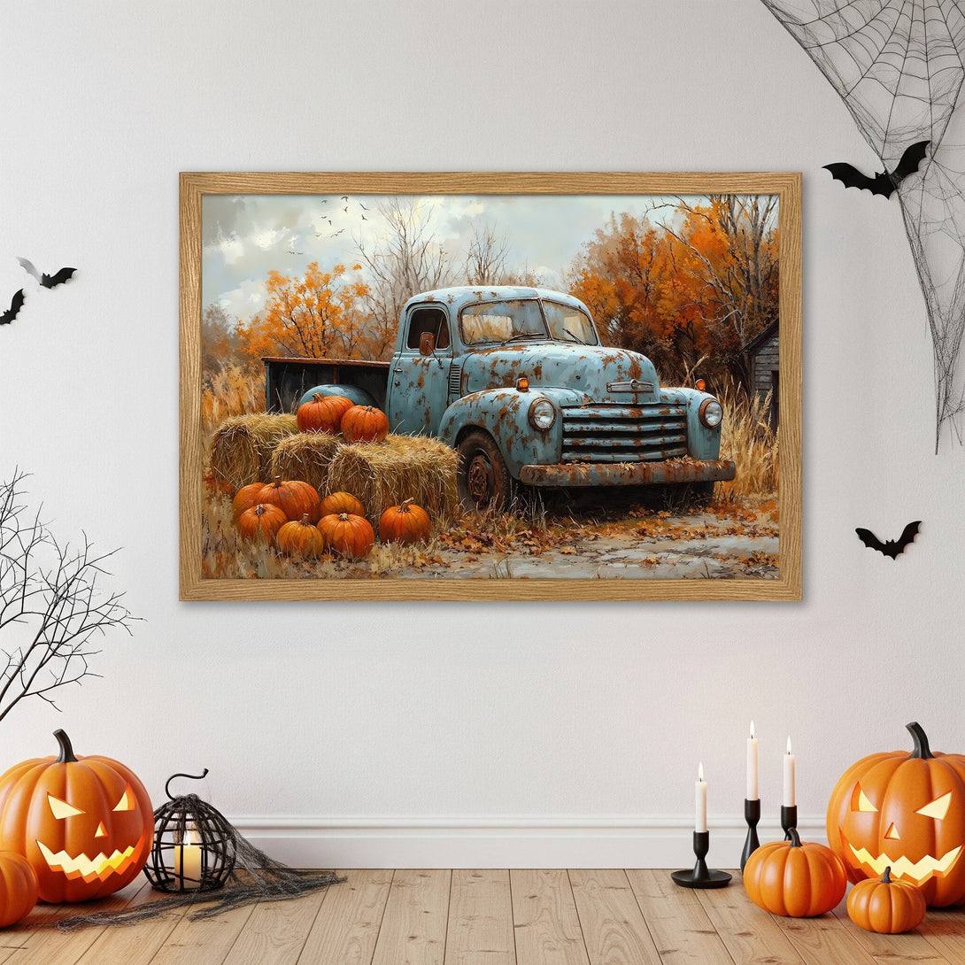 Framed Poster featuring a vintage truck in autumn colors. Rustic style, warm orange and blue palette. Perfect fall decor!