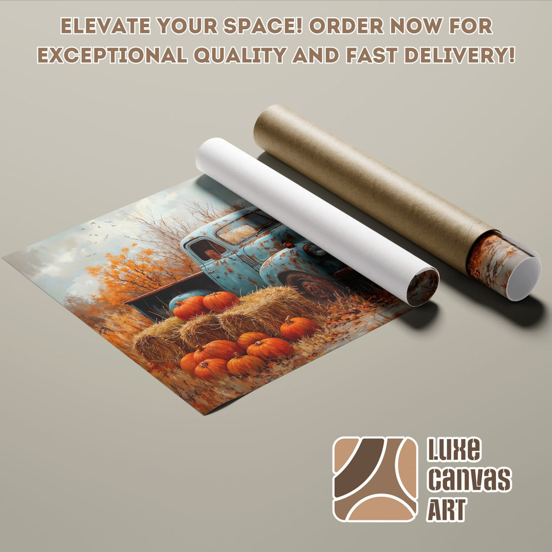 Poster Roll featuring a vintage truck & pumpkins in warm autumn colors. Rustic art for your home!