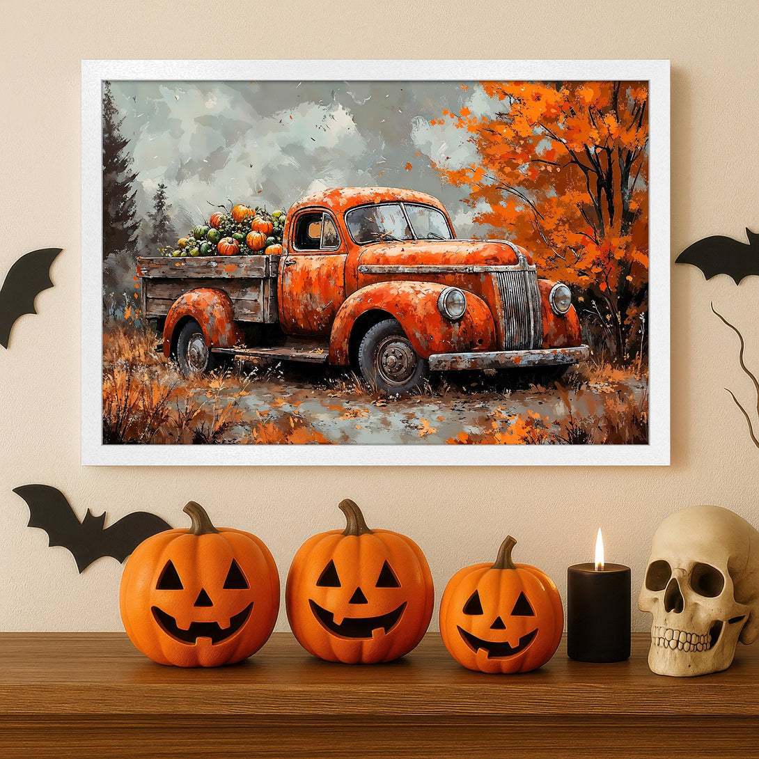 Framed Poster featuring a vintage truck with pumpkins in an autumnal style, warm orange and brown color palette. Perfect for Halloween!