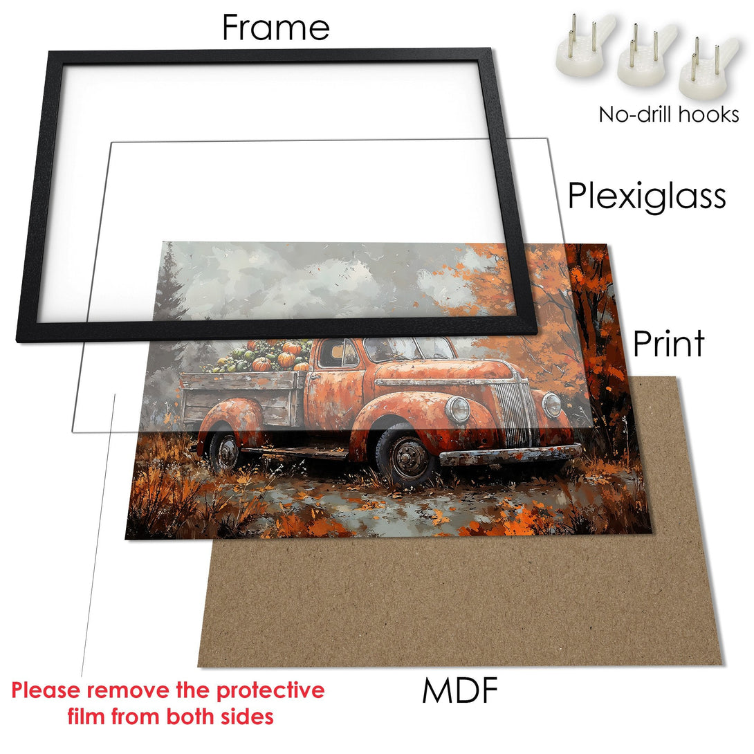 Framed Poster featuring a vintage truck in autumn colors. Rustic art style with warm orange & brown tones. Perfect wall decor!