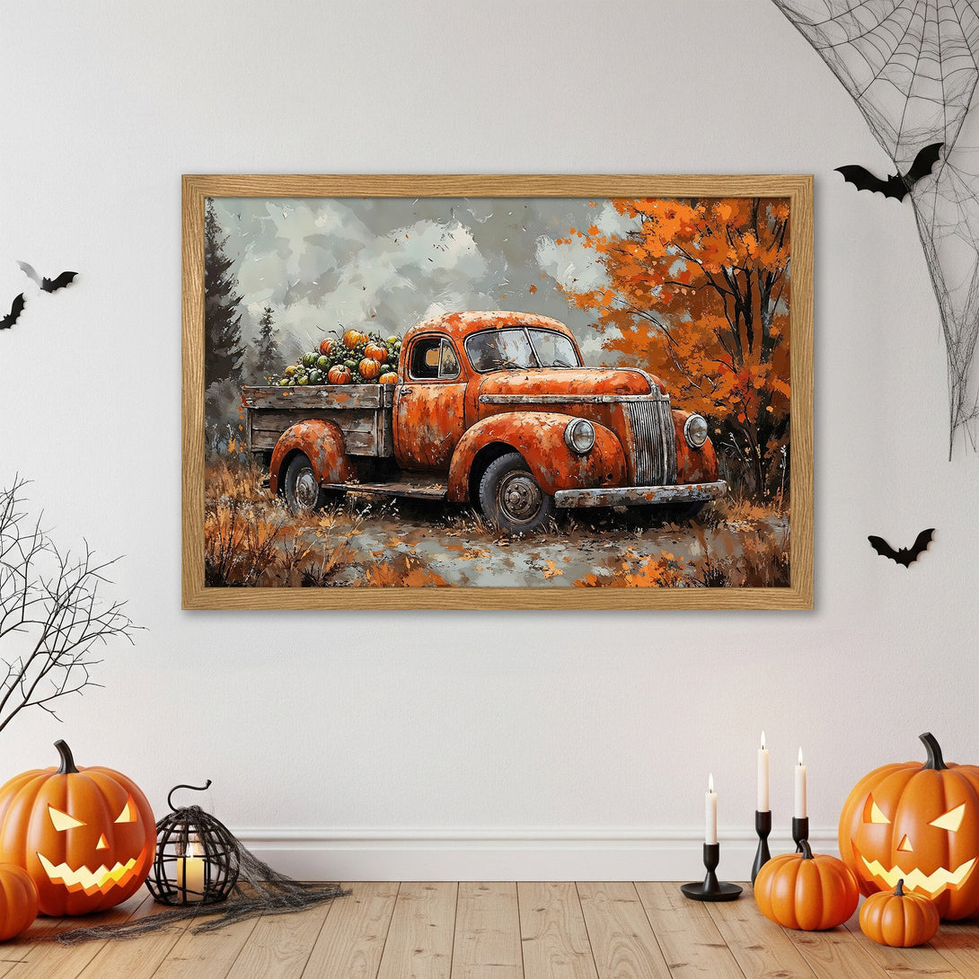 Framed Poster featuring a vintage truck with pumpkins, autumn style, orange & gray color palette. Perfect fall decor!