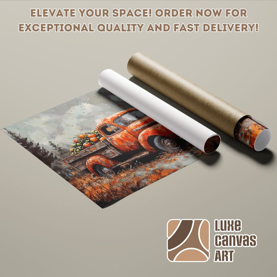 Poster Roll featuring a vintage truck with pumpkins, warm autumn colors, and artistic style. Order now!