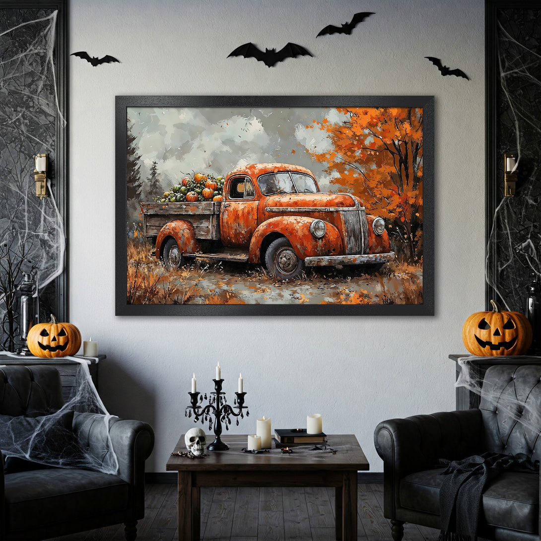Framed Poster featuring a vintage truck filled with pumpkins, autumn colors, perfect for Halloween decor. Rustic style, orange & grey palette.