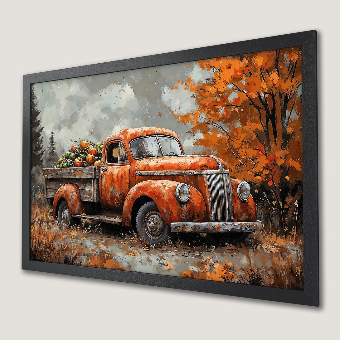 Framed Poster of a vintage truck with pumpkins in an autumnal landscape. Rustic art style with warm orange & brown hues. Perfect fall decor.