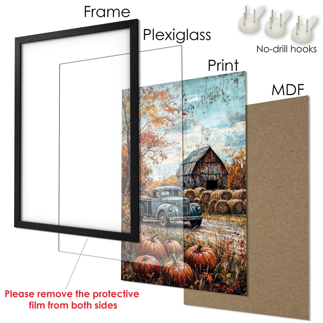 Framed Poster with a rustic autumn scene. Features a vintage truck, barn & pumpkins. Earthy tones & a touch of blue. Perfect wall art!