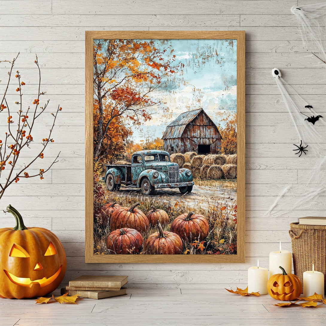 Framed Poster: Rustic autumn scene with truck, barn, and pumpkins. Warm orange, brown and blue tones. Perfect fall decor.