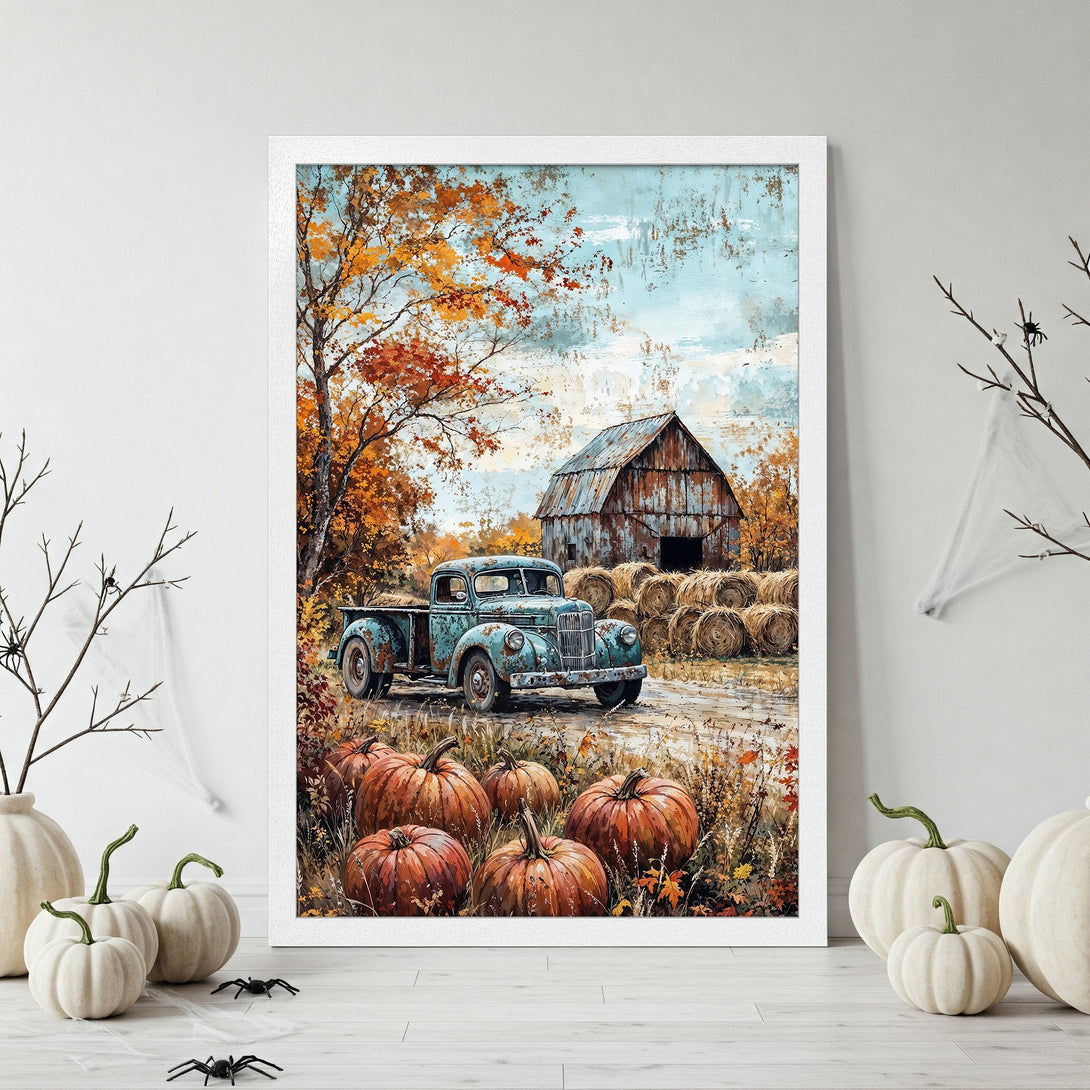 Framed Poster of vintage truck in autumn landscape, warm orange & blue tones. Perfect fall decor Poster.