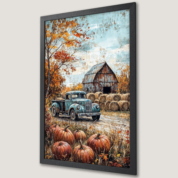 Framed Poster of a rustic autumn scene with pumpkins, truck, and barn. Warm, earthy tones in a painterly style. Perfect fall wall art!