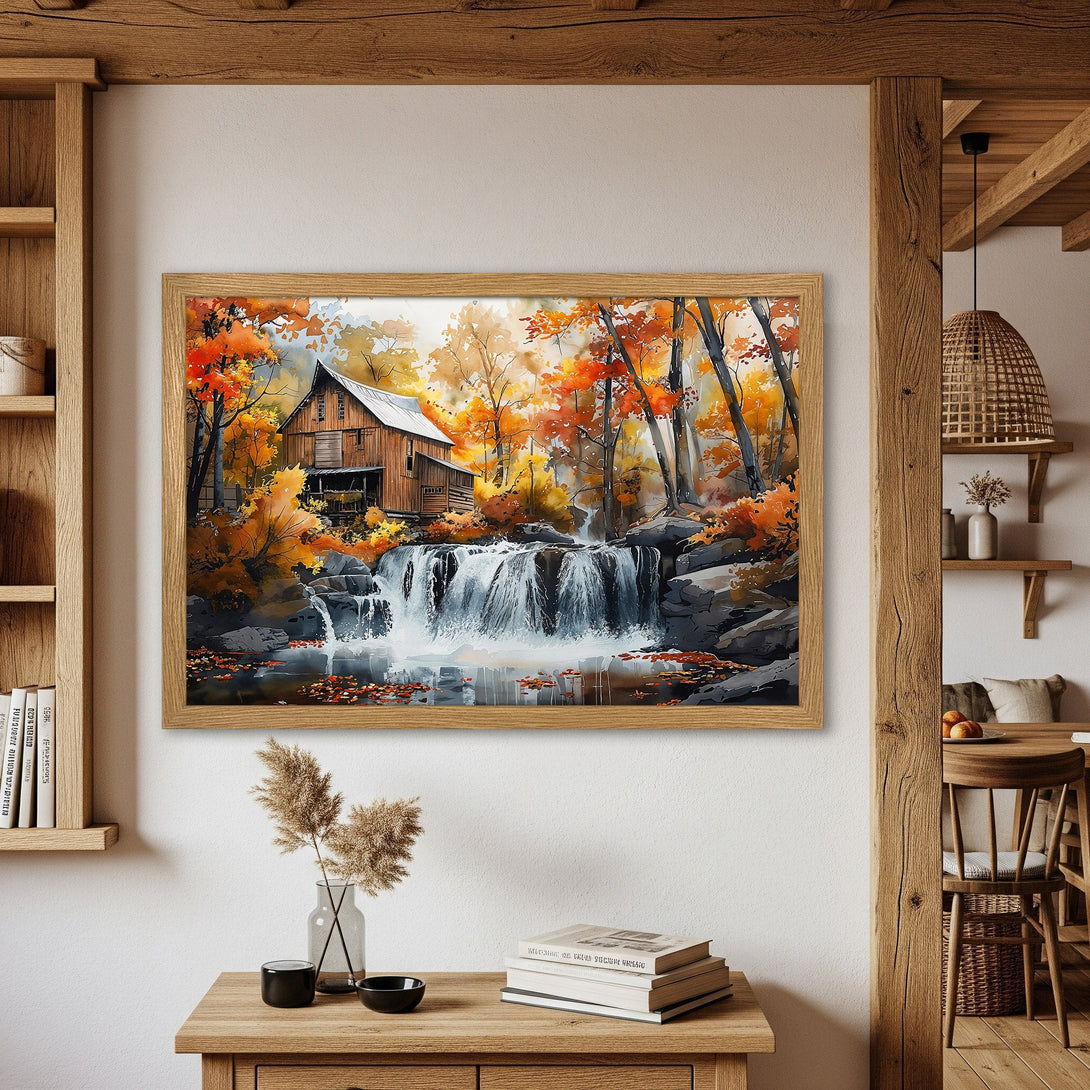 Framed Poster of a waterfall scene in warm autumn colors. Watercolor style art with a barn in the background. Perfect home decor.