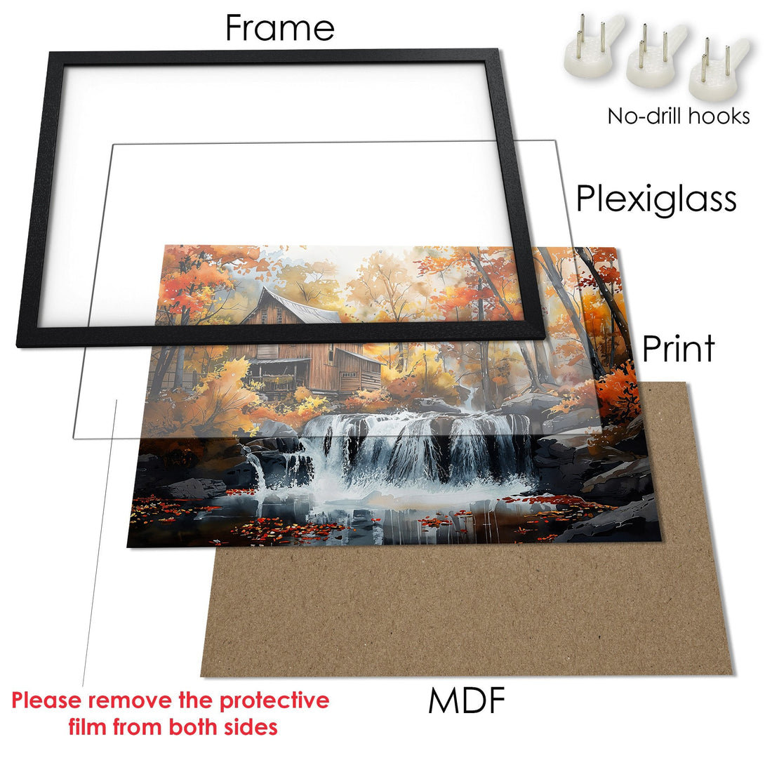 Framed Poster: Watercolor landscape art with waterfall, autumn colors. Enhance your decor with this beautiful Poster!