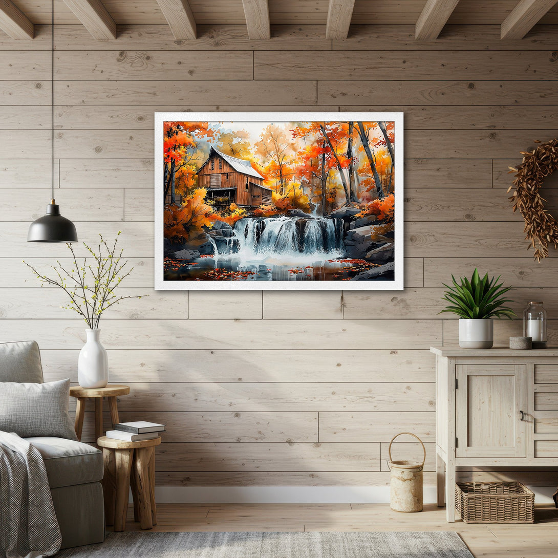 Framed Poster featuring a watercolor painting of a barn and waterfall in autumn colors. Perfect wall art for your home decor.