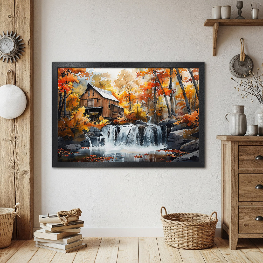 Framed Poster featuring a watercolor style landscape with a waterfall, barn, and autumn colors. Perfect wall art!