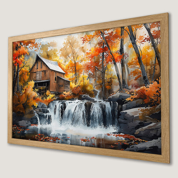 Framed Poster of a watercolor waterfall scene with a barn, autumn colors. Bring nature's beauty into your home!