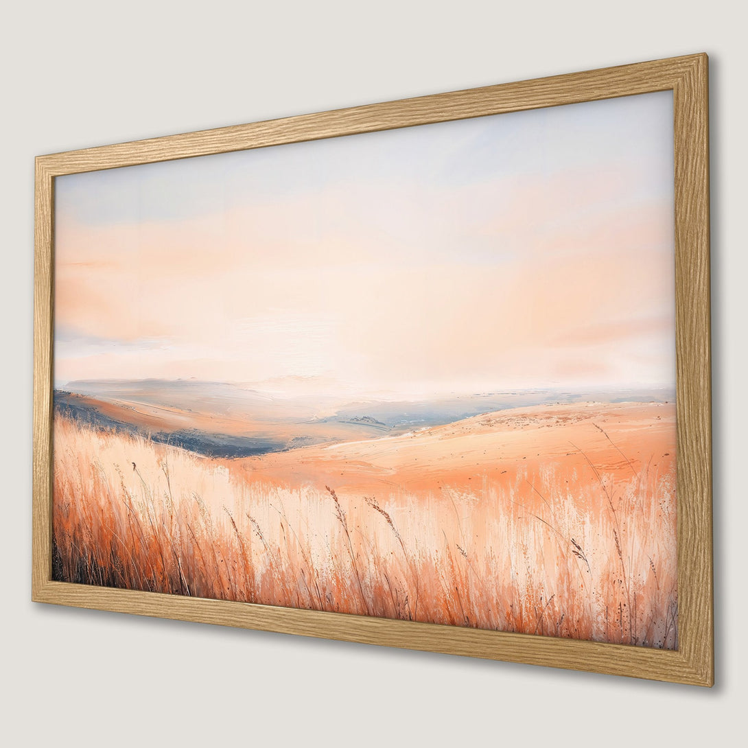 Framed Poster of a serene landscape painting in warm orange and beige tones, perfect wall art for a calming vibe.