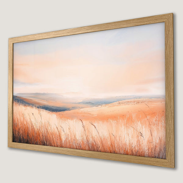 Framed Poster of a serene landscape painting in warm orange and beige tones, perfect wall art for a calming vibe.