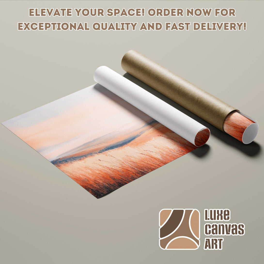 Abstract landscape Poster Roll in warm orange and blue tones. Elevate your space with Luxe Canvas Art!