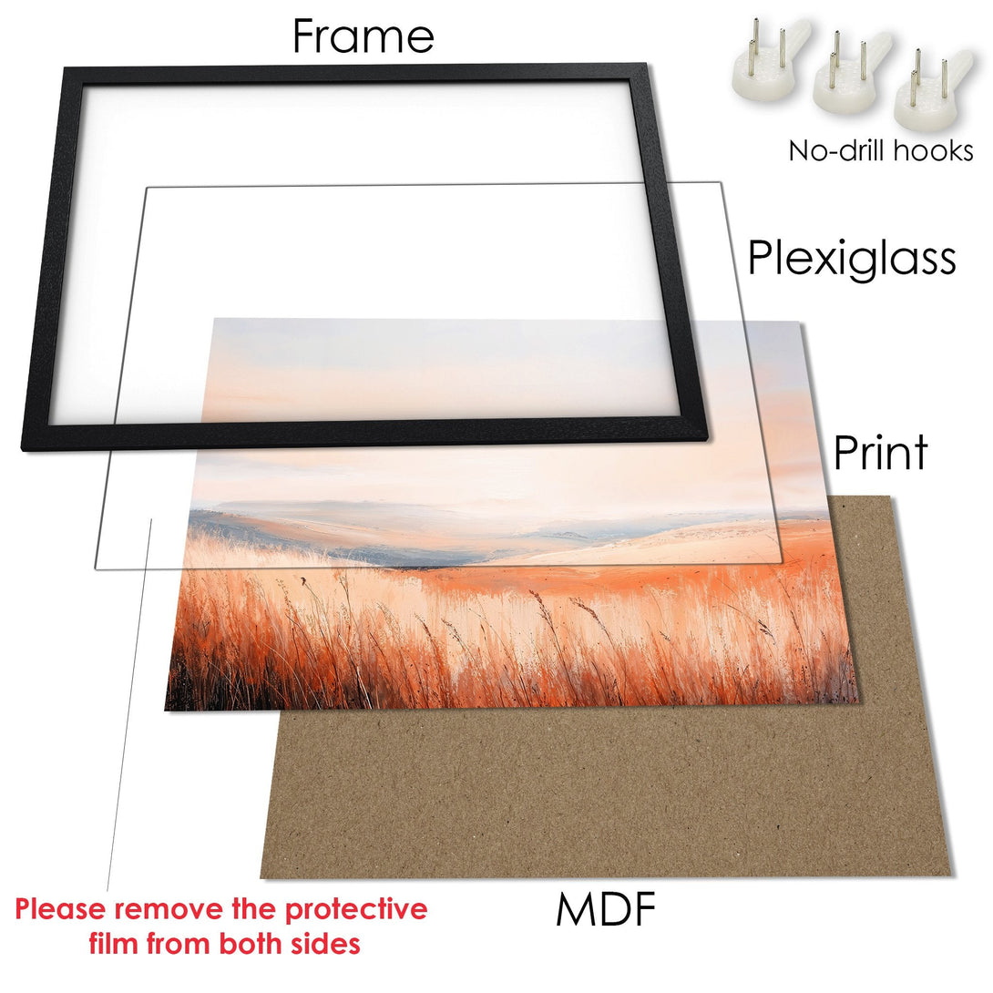Framed Poster of a landscape with warm, earthy tones. Perfect wall art for your home. Includes frame, plexiglass, and no-drill hooks.