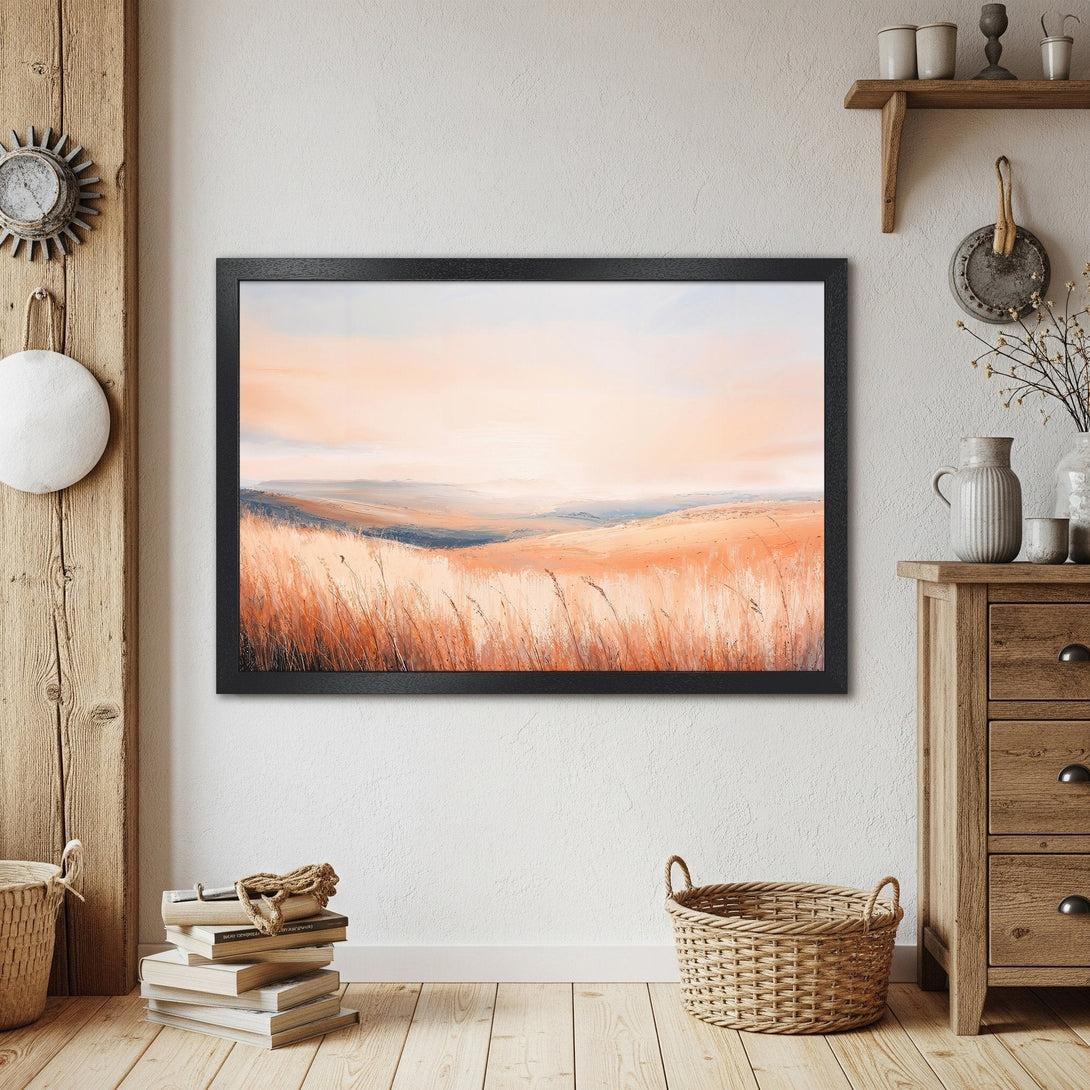 Framed Poster: Abstract landscape art in warm orange and blue tones, perfect for home decor. Enhance your space with this stylish print.