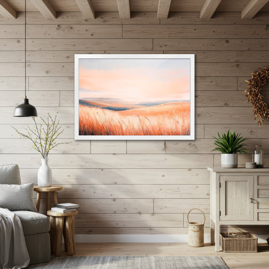 Framed Poster featuring a serene landscape in warm orange and blue tones. Perfect wall art for a cozy, rustic style home.