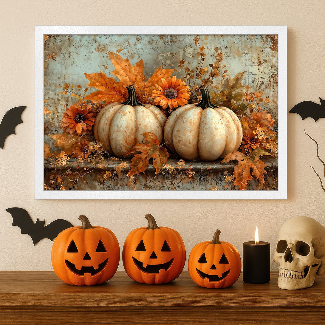 Framed Poster featuring pumpkins and autumn leaves in warm orange and teal tones, perfect fall decor.