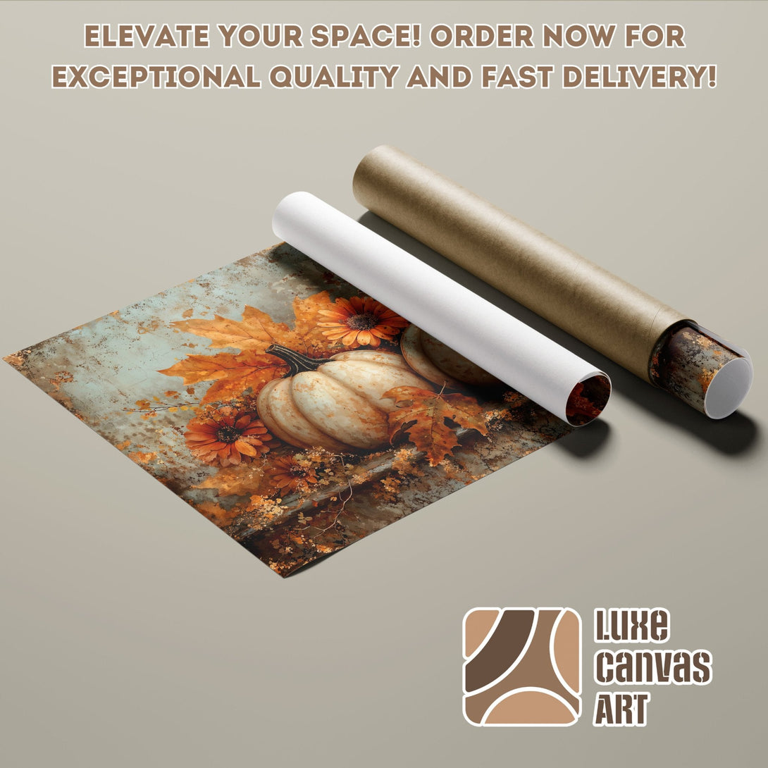 Poster Roll featuring a pumpkin and fall leaves, rustic style, warm orange and teal color palette.