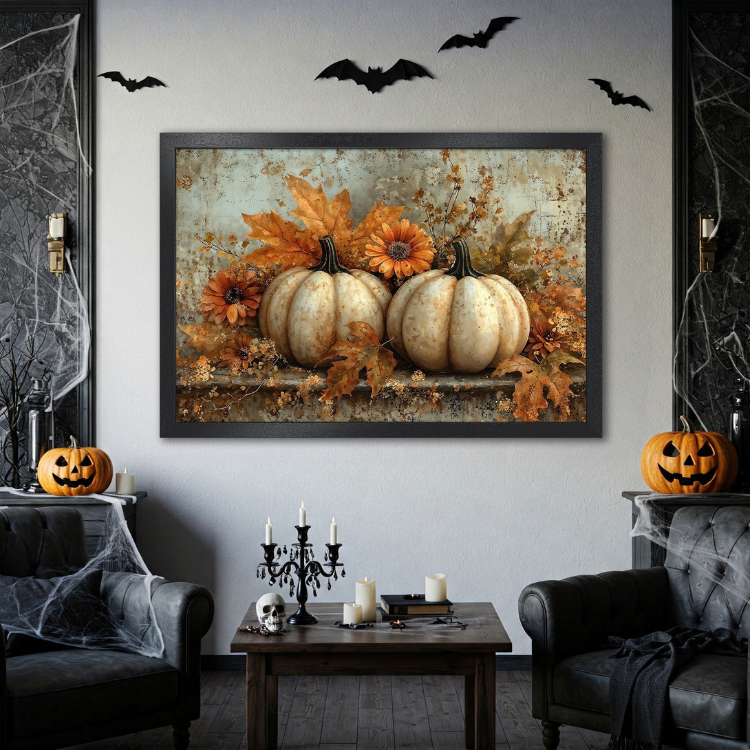 Framed Poster featuring pumpkins and autumn leaves. Rustic style with warm orange and cream color palette. Perfect Halloween decor.