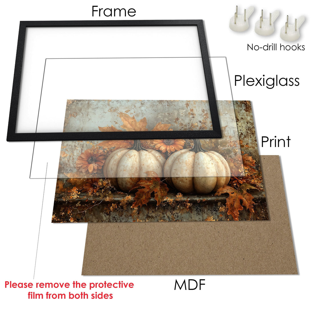 Framed Poster featuring pumpkins and autumn leaves in a warm, rustic color palette. Perfect fall decor!