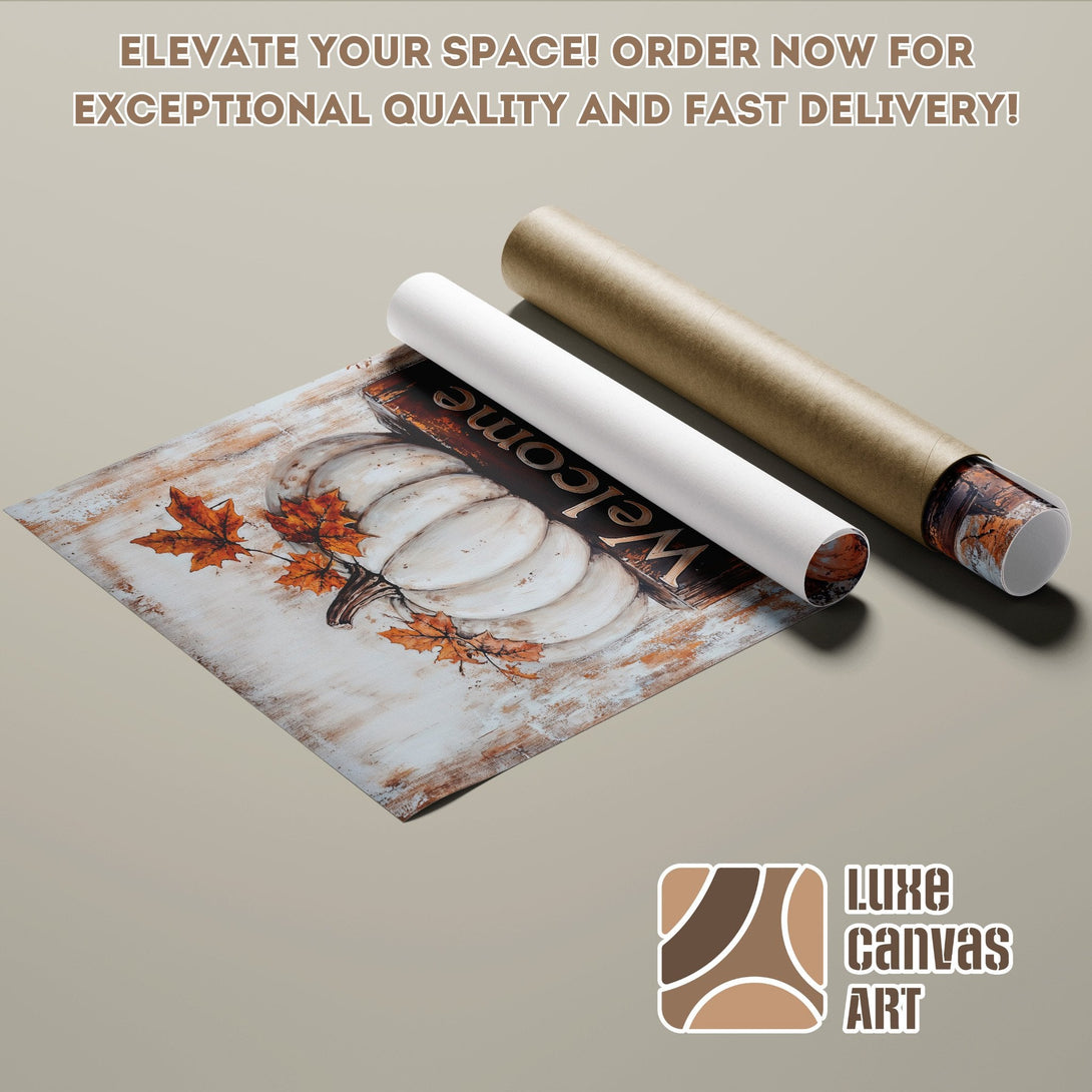Autumn-themed Poster Roll featuring a pumpkin & leaves. Rustic style, warm color palette. Order now!