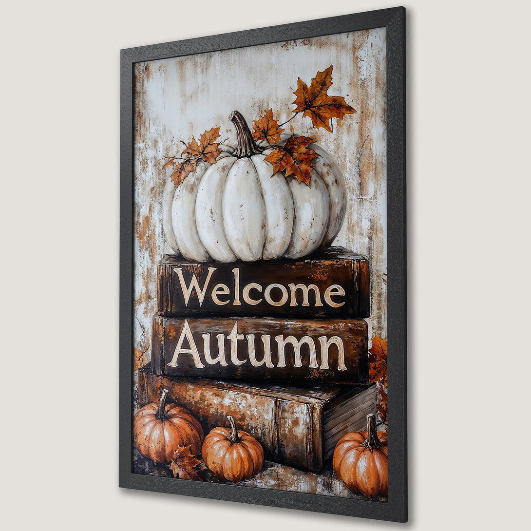 Framed Poster featuring a white pumpkin, autumn leaves, and "Welcome Autumn" text in a rustic style with warm orange and brown tones.
