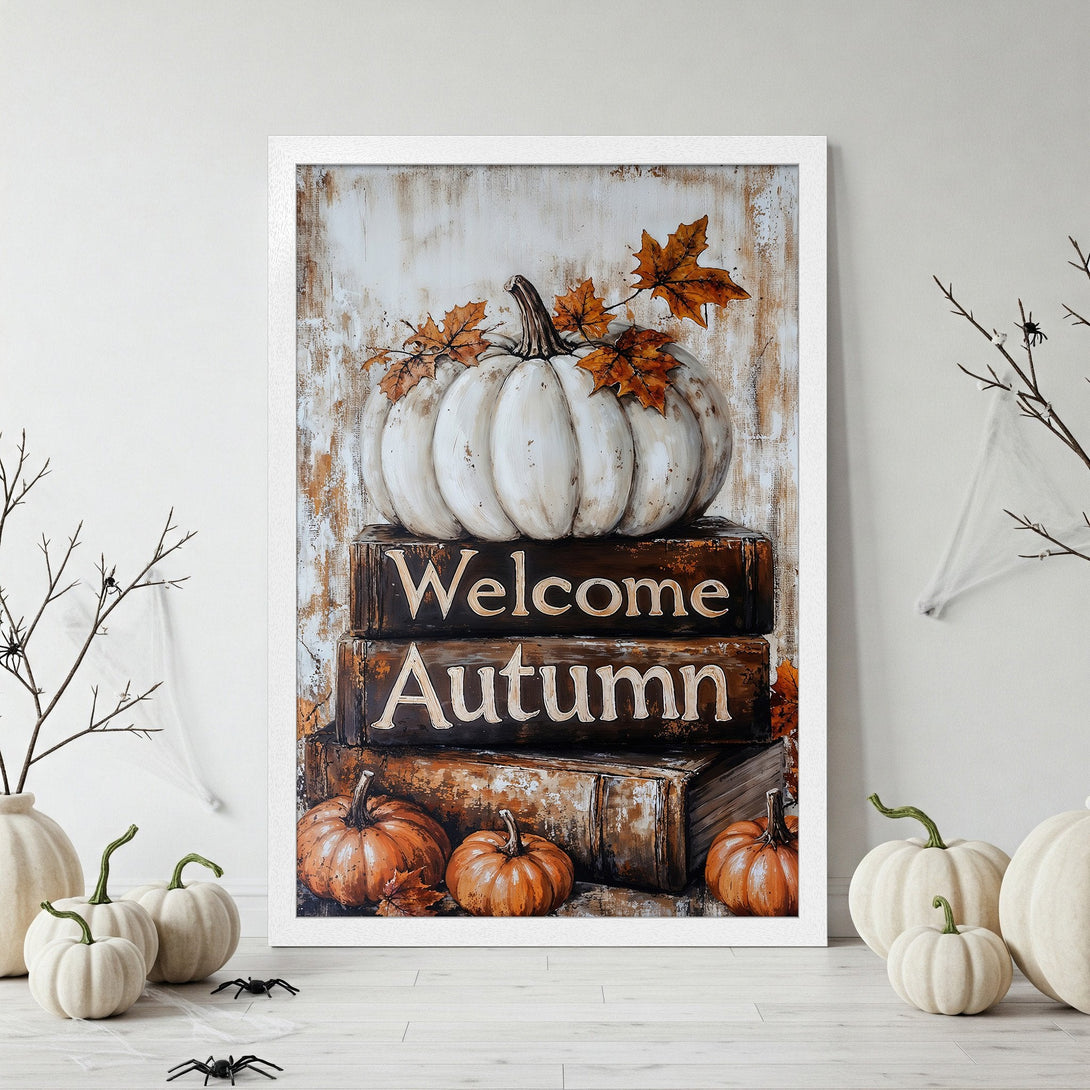 Framed Poster featuring a rustic autumn design with pumpkins, books, and fall leaves. Warm, earthy color palette. Welcome Autumn!