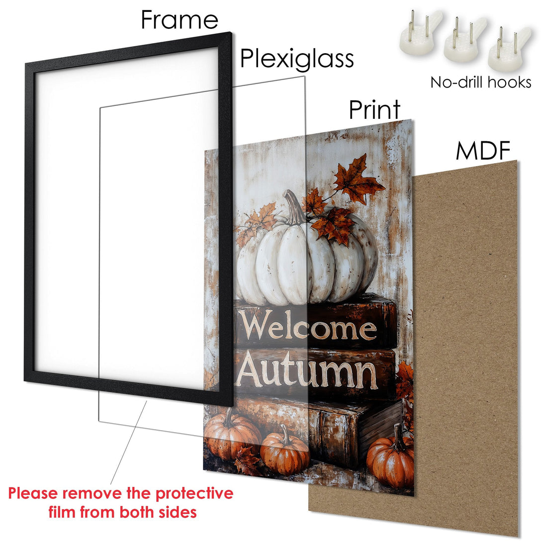 Framed Poster featuring a pumpkin still life in warm autumn tones. Perfect fall decor, ready to hang!