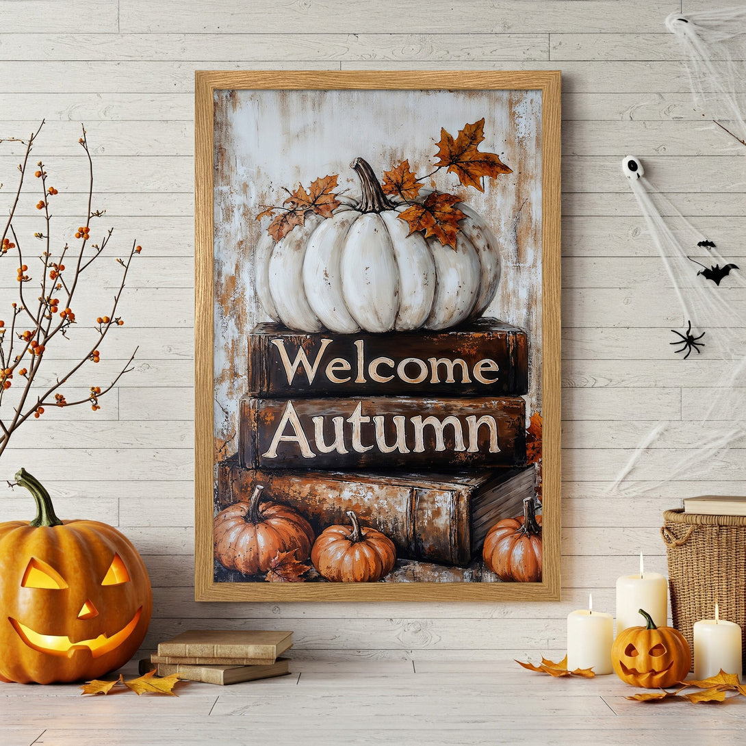 Framed Poster featuring a white pumpkin & "Welcome Autumn" on books. Rustic style with warm orange & brown tones, perfect fall decor.
