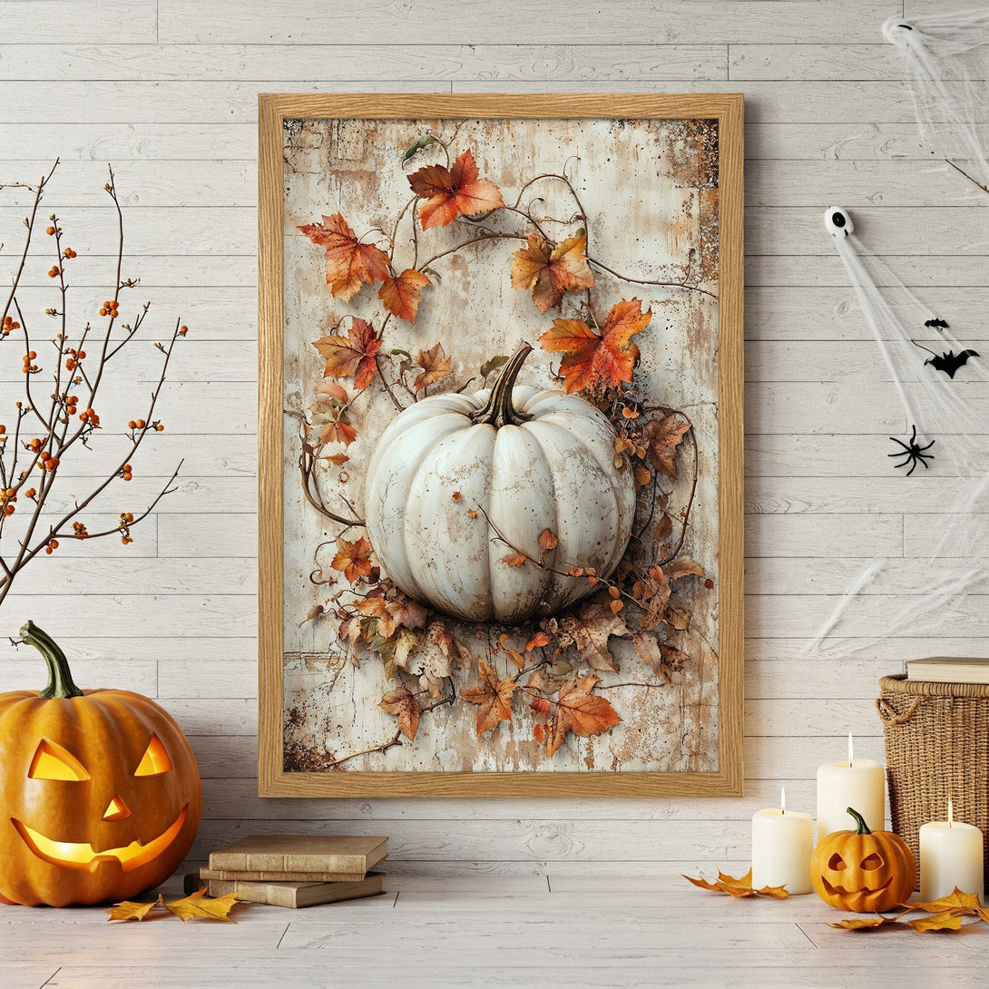 Framed Poster featuring a white pumpkin and autumn leaves. Rustic style in warm orange and beige tones, perfect for fall decor.