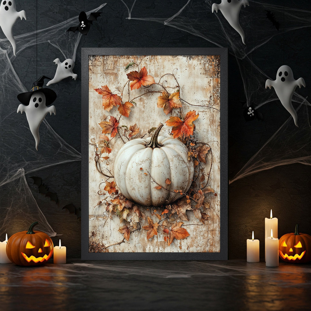 Framed Poster featuring a white pumpkin and fall leaves. Rustic style with warm orange and neutral tones, perfect Halloween decor.