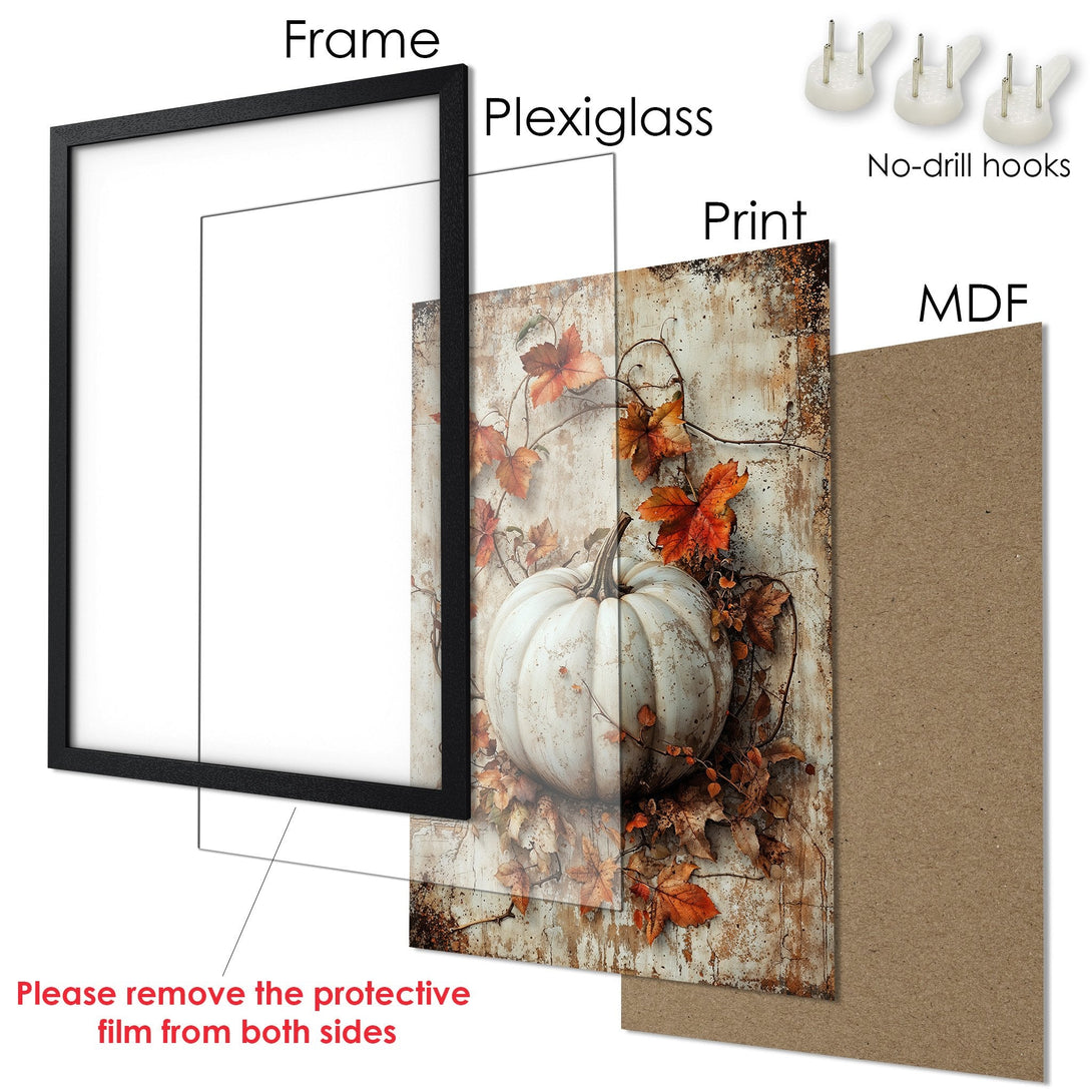 Framed Poster featuring a rustic pumpkin design in warm autumn tones. Perfect fall decor!