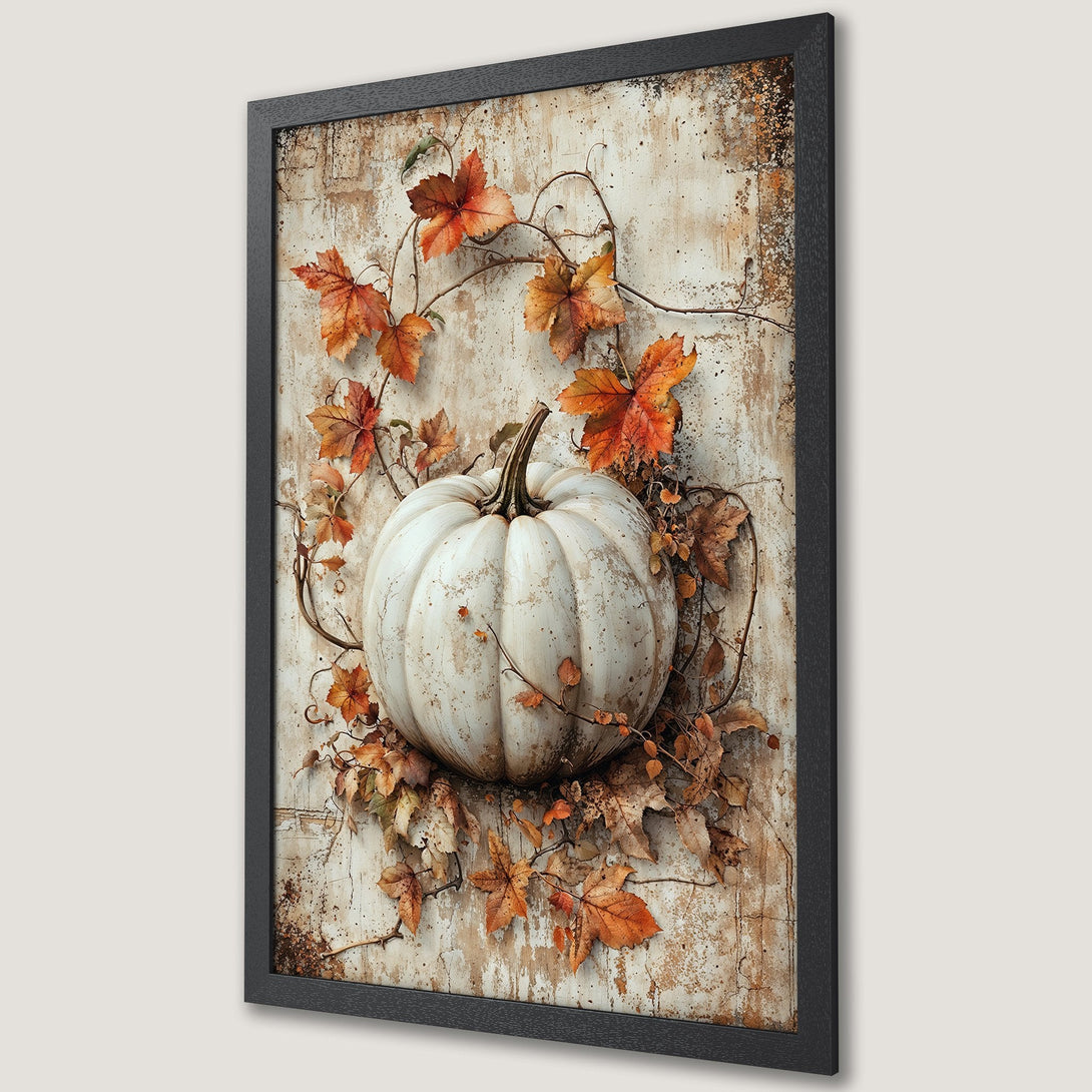 Framed Poster featuring a white pumpkin and autumn leaves. Rustic style with warm orange and brown tones. Perfect fall decor!