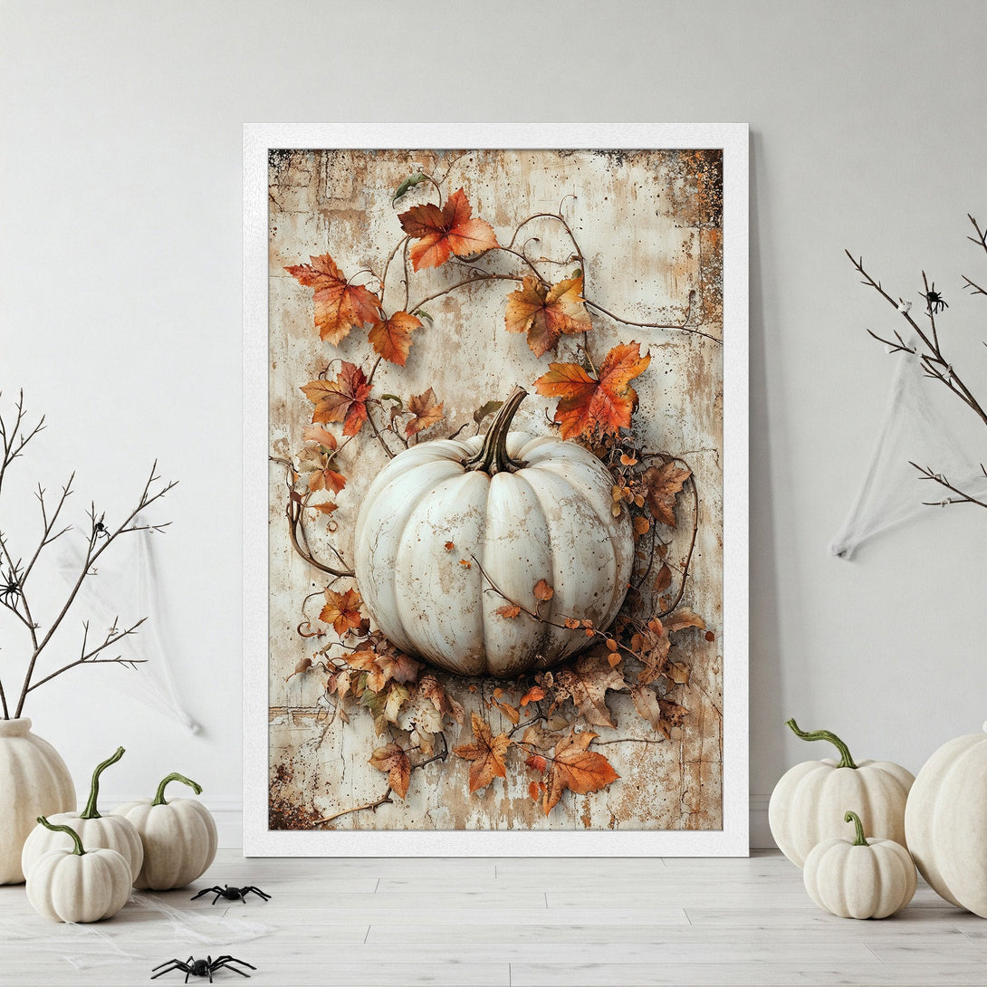Framed Poster featuring a white pumpkin with autumn leaves, rustic style, warm orange and beige tones. Perfect fall decor!