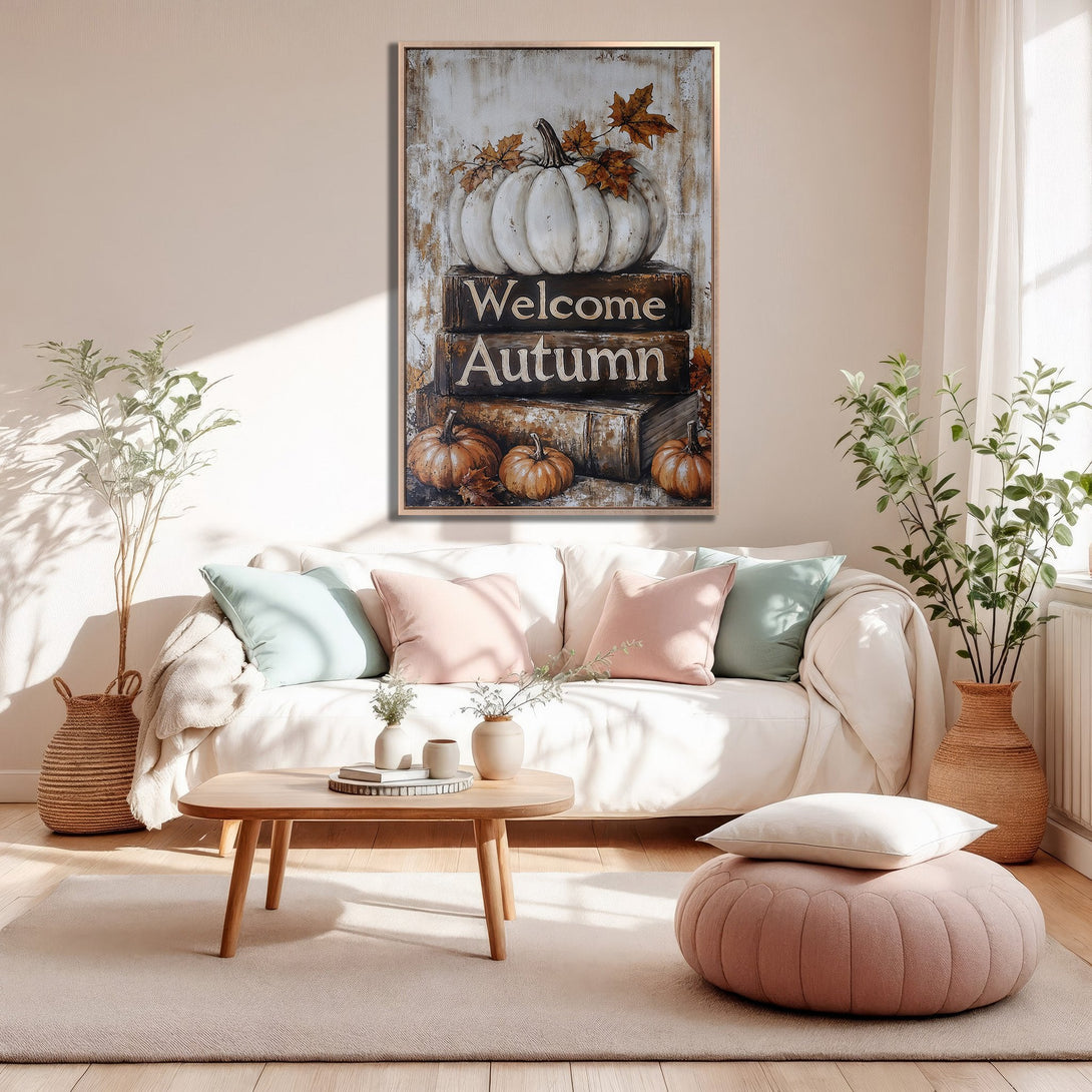 Framed Wall Art featuring a "Welcome Autumn" pumpkin design in warm, neutral tones. Perfect for cozy fall decor!