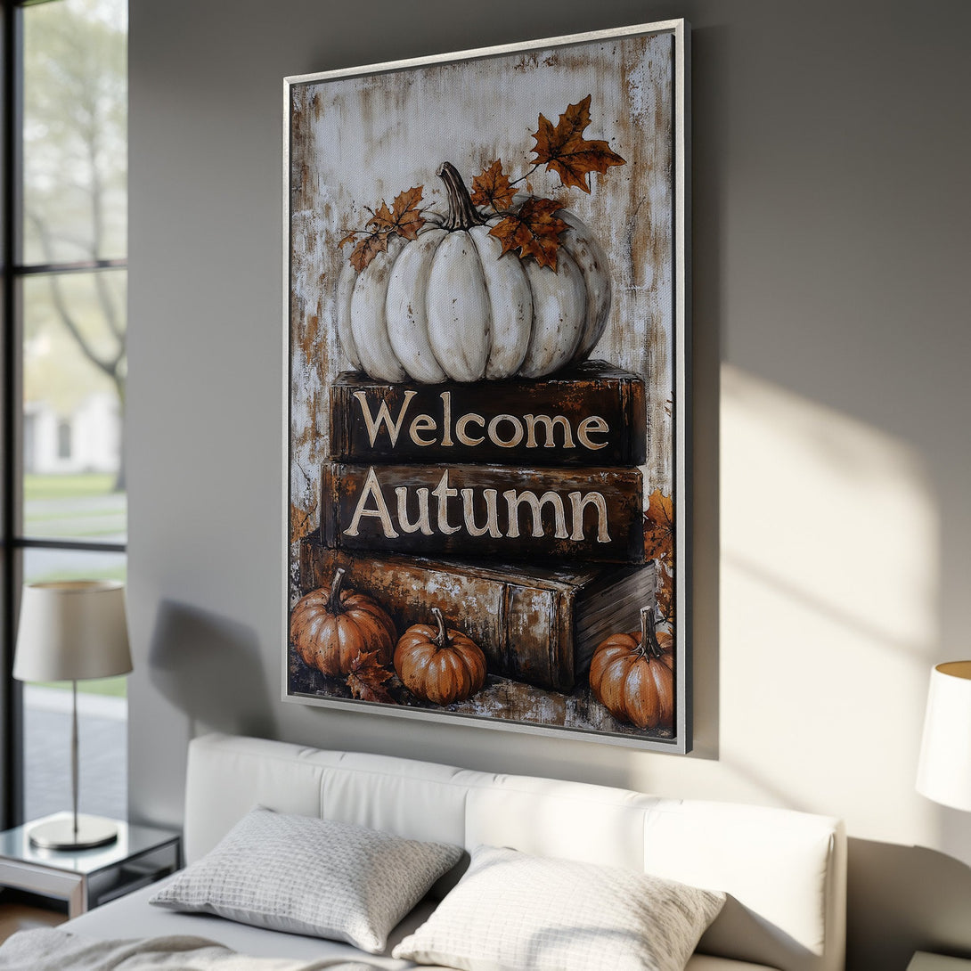 Framed Wall Art: Rustic autumn pumpkin canvas print in warm orange and brown tones. Perfect fall decor for your home.