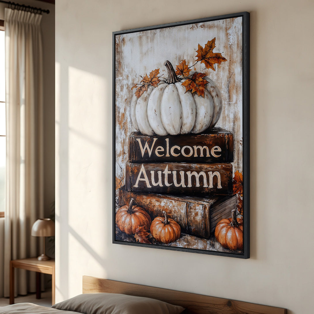 Framed Wall Art: "Welcome Autumn" pumpkin canvas print in warm orange and brown tones, perfect fall decor for your home.