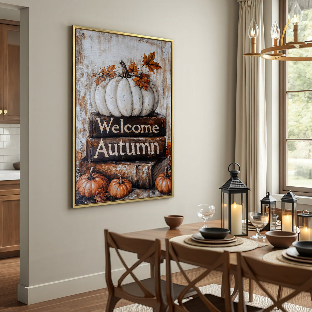 Canvas Print: Rustic autumn art featuring pumpkins and fall leaves. Warm, inviting colors perfect for seasonal home decor. Shop now!