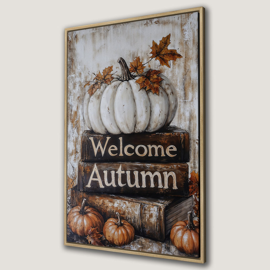 Framed Wall Art: "Welcome Autumn" canvas print featuring a white pumpkin, fall leaves, and pumpkins in a warm, rustic color palette. Perfect autumn decor!