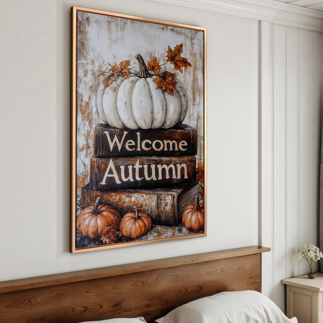 Framed Wall Art: "Welcome Autumn" pumpkin canvas print in warm, rustic tones. Perfect fall decor for your home!