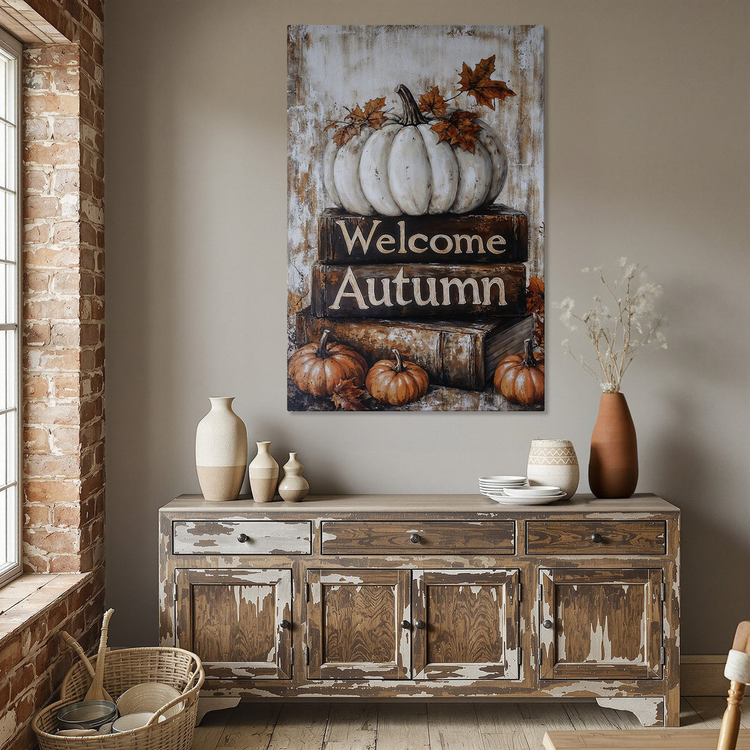 Framed Wall Art: "Welcome Autumn" pumpkin print in warm tones. Rustic, cozy decor for fall. Perfect for dining rooms & seasonal home updates.