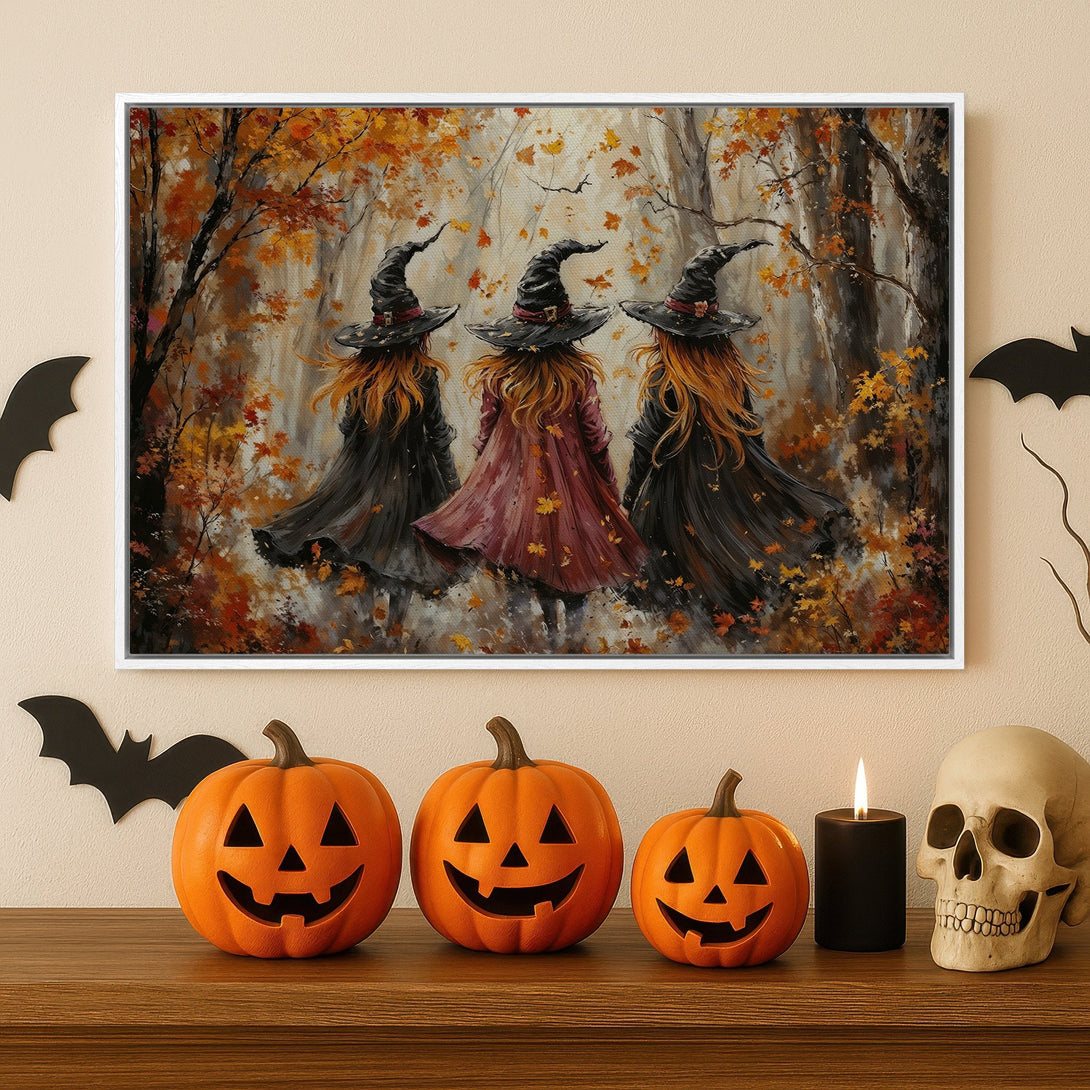 Framed Wall Art: Three witches in a forest scene with autumn colors. Perfect Halloween decor. Canvas Print for your spooky home!