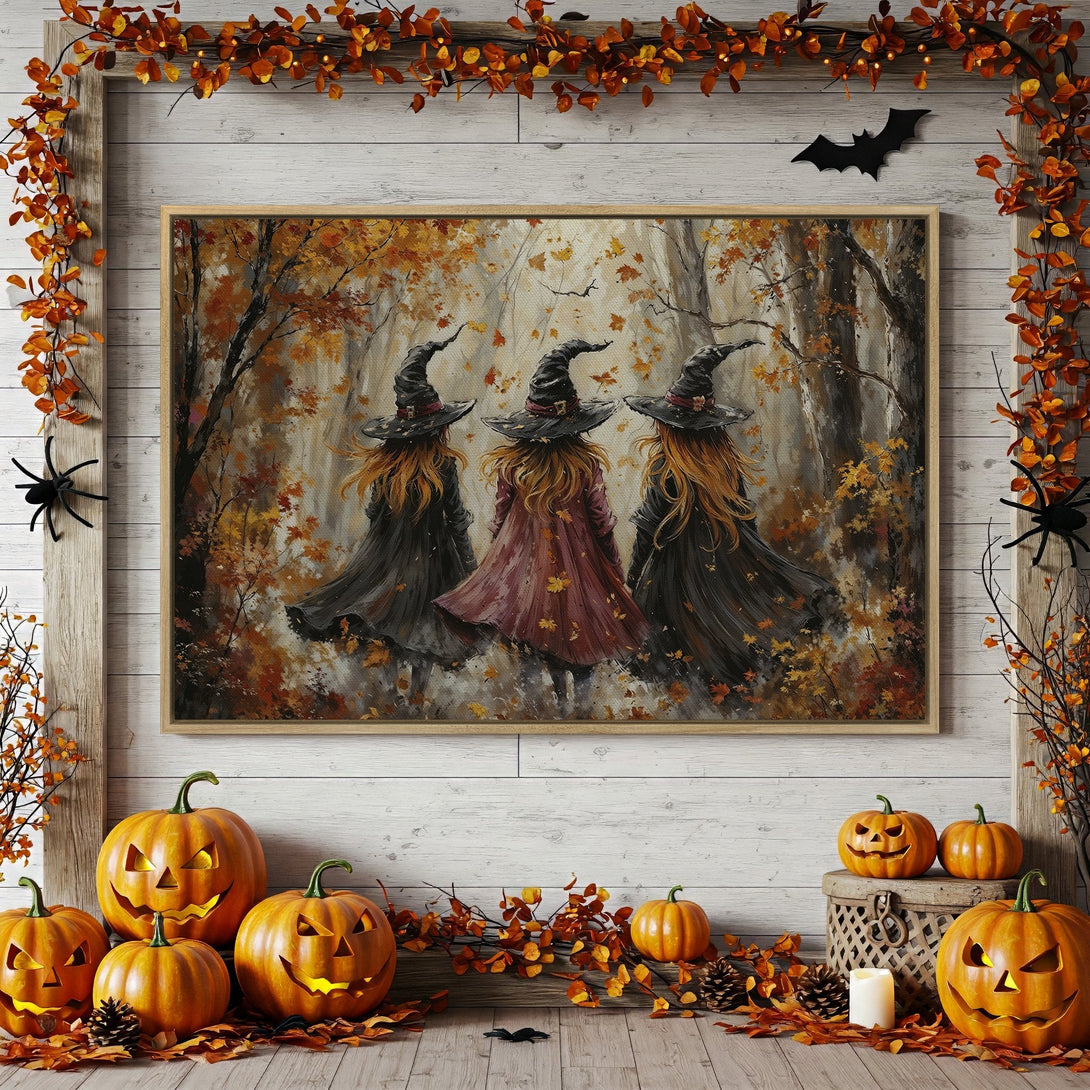Framed Wall Art: Witch sisters in autumn forest. Warm orange & brown color palette. Perfect Halloween decor. Canvas Print for your home.